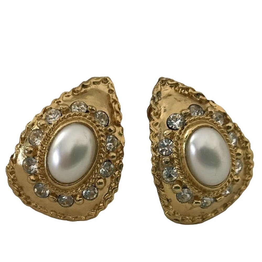 Premier Designs Clip Earrings Faux Pearl Rhinestone Gold Tone Vintage 80s